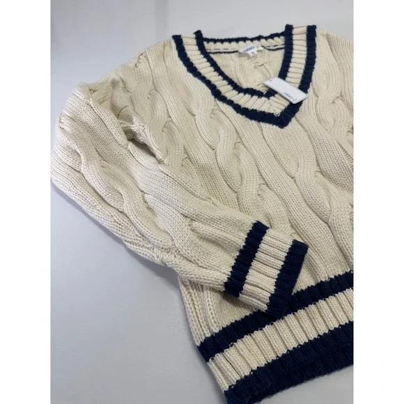 NWT Johnnie-O Women's XS Varsity Cable Knit Cotton Sweater Vanilla Navy V Neck - Picture 3 of 9